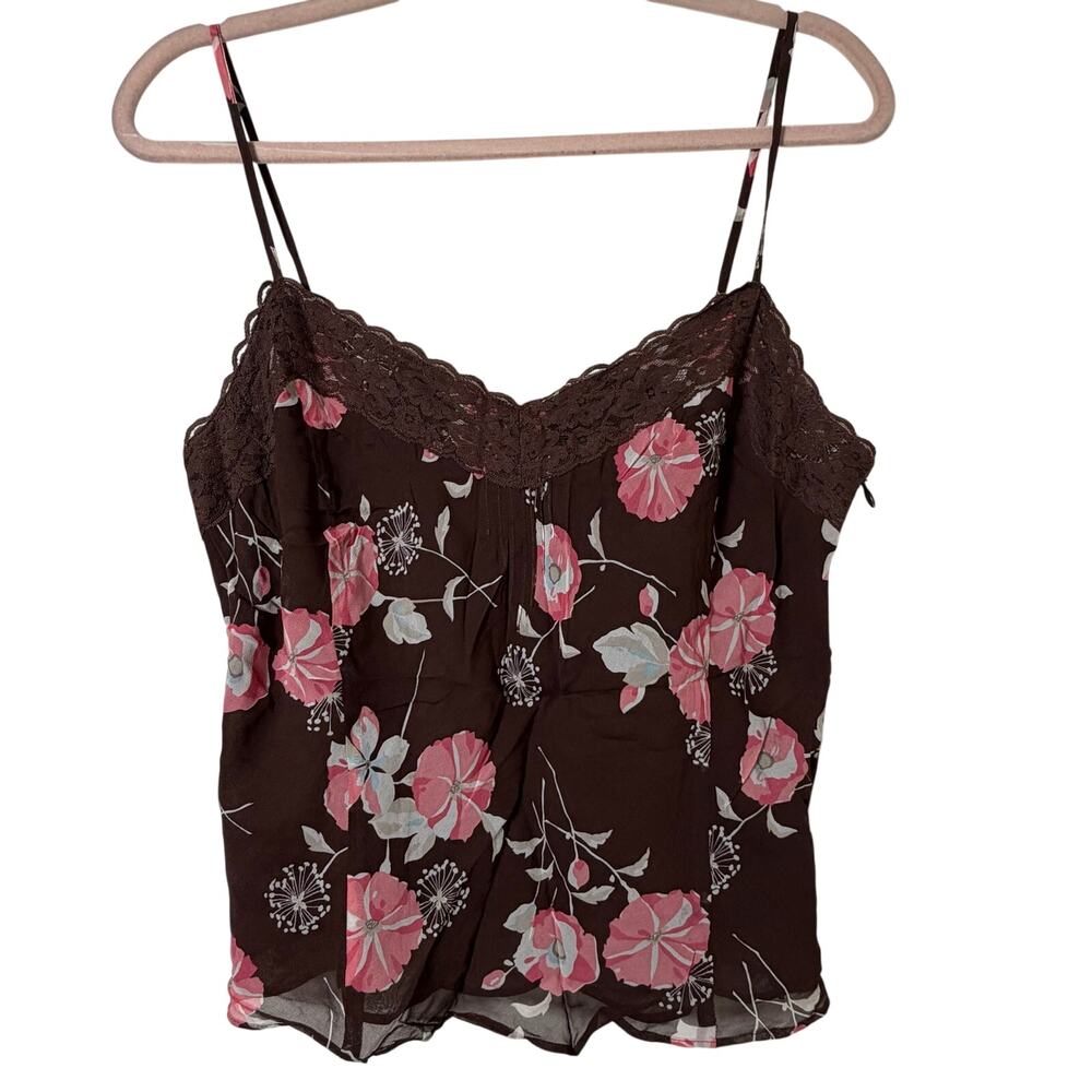 Sz 10 Y2k Vtg Anne Taylor Loft Silk Brown Pink Floral Lace Coquette Kawaii Fairy